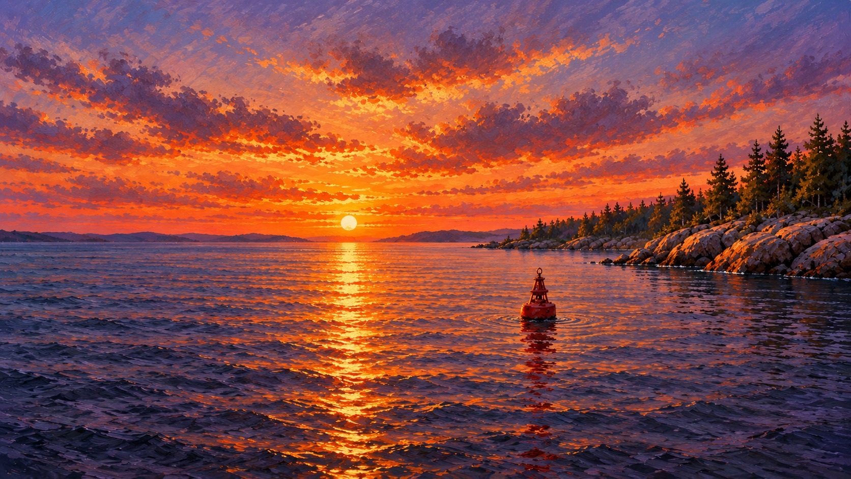 A red channel buoy floating on calm water beneath a glowing sunset