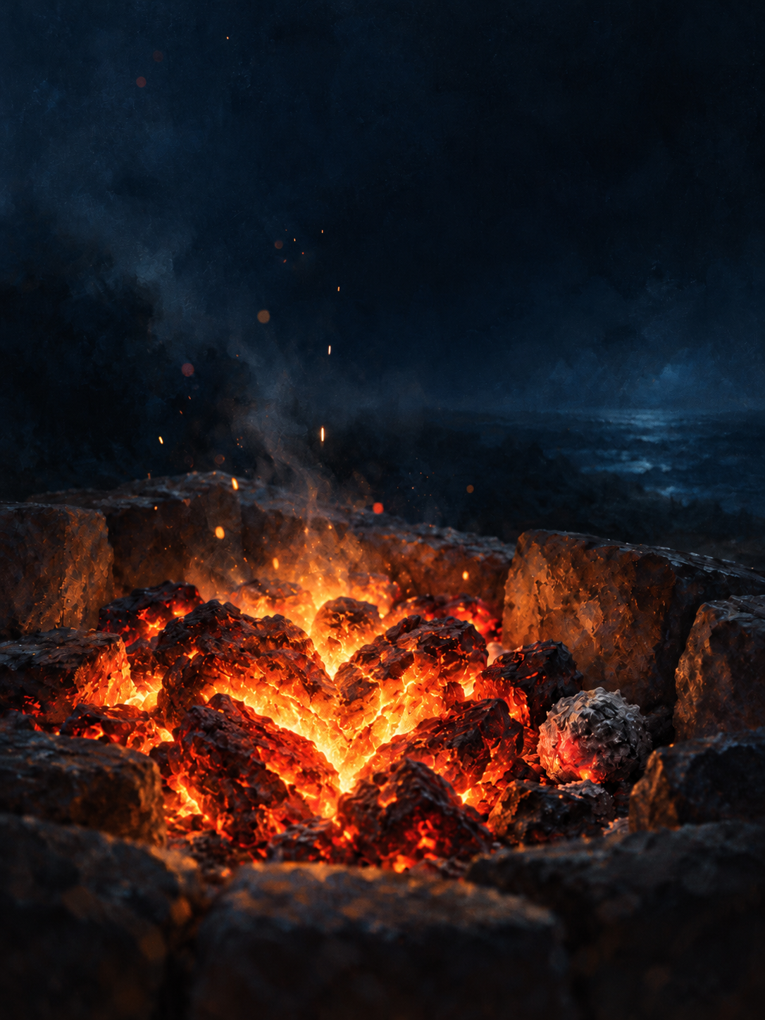 Embers glowing in a heart shape in a stone hearth at night