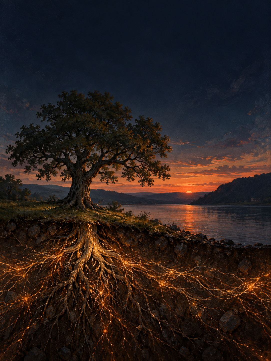 An oak on the Hudson at dusk, its roots joined underground by glowing threads