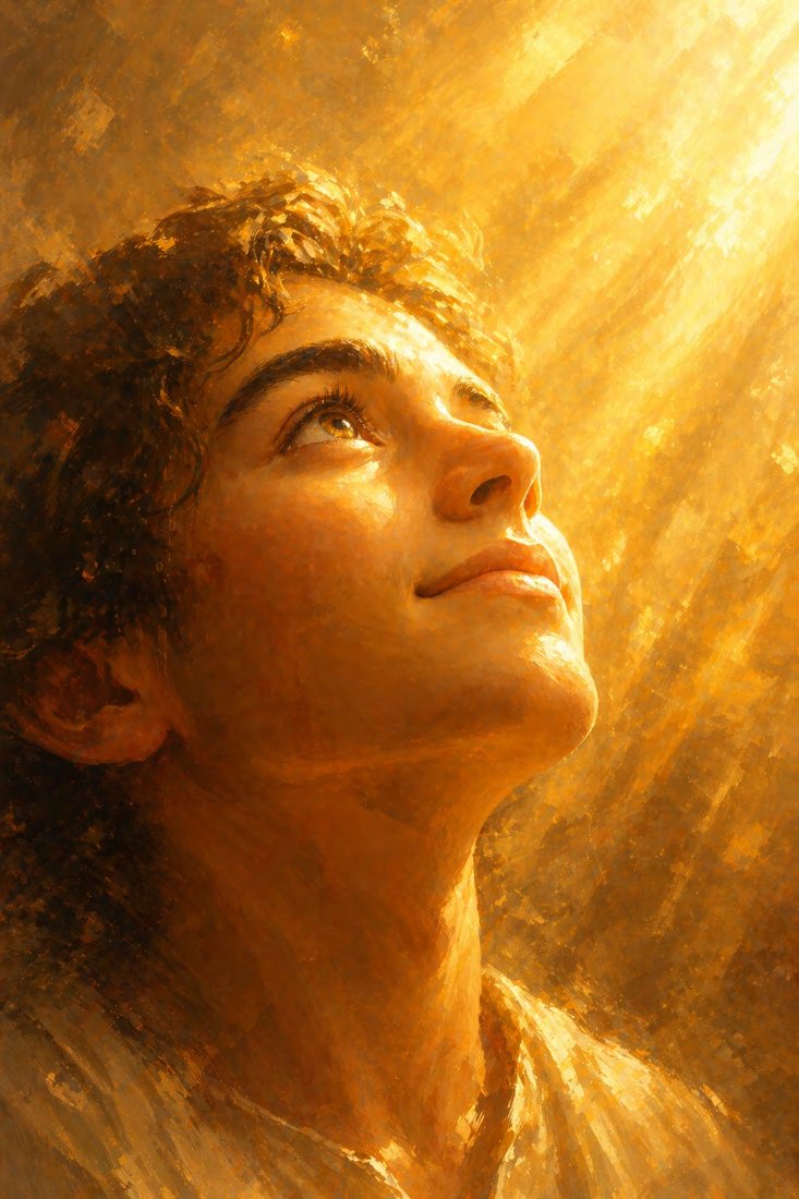 A boy looking up into golden light