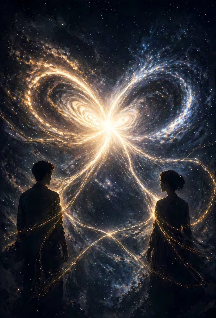 Two souls joined by a ribbon of light among the stars