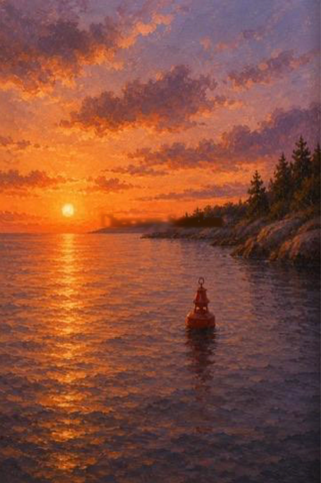 A red channel buoy floating on calm water beneath a glowing sunset — the way home