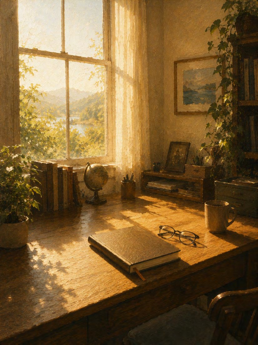 A sunlit writer's study